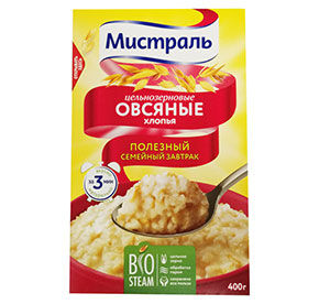 Хлопья 400 г Мистраль овсяные цельнозерновые к/уп