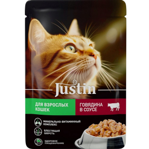 Корм 75гр Justin консерв для кошек с говядиной в соусе,м/уп