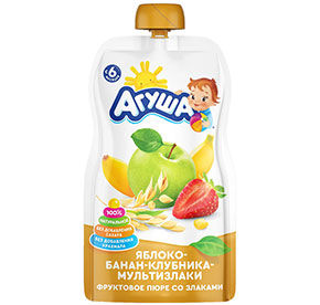 Фруктовое пюре Агуша Яблоко Банан Клубника Злаки 90мл пауч