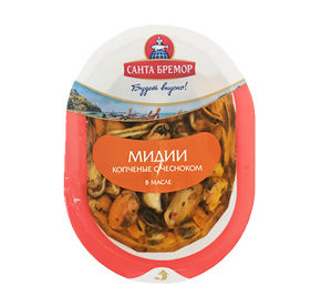 Мясо мидии копченое с чесноком и зеленью в масле Санта Бремор 150гр