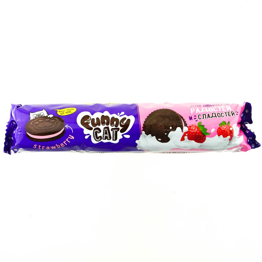 Печенье-сэндвич сахарное 158 гр Funny Сat с какао и начинкой со вкусом клубники муп 80₽