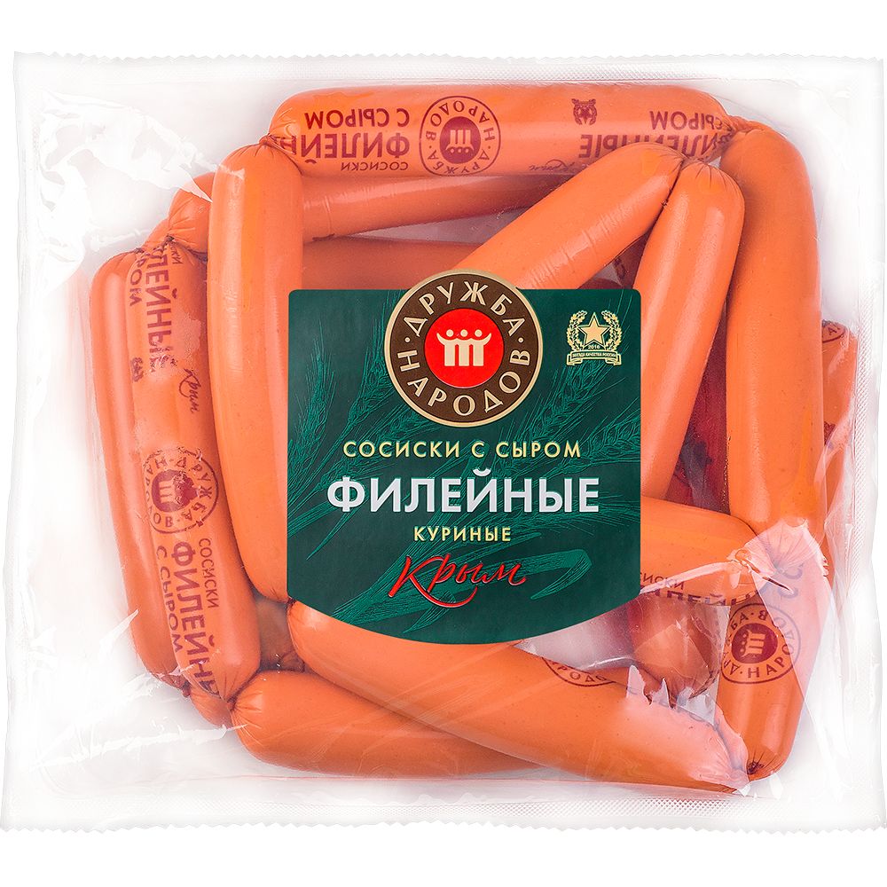 Сосиски куриные Филейные с сыром 1с охл по уп газ 1кг Дружба Народов 500₽