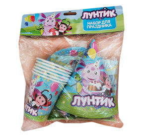 НАБОР "ВЕСЕЛЫЙ ПРАЗДНИК" "ЛУНТИК" (6 СТАКАНЧ., 6 ТАРЕЛОК, 6 САЛФЕТОК, 6 ГУДКОВ, 6 КОЛП.)в кор.2*12шт