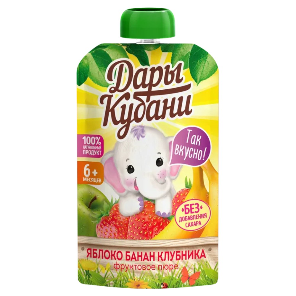 Пюре 90 г Дары Кубани для детей фруктовое из яблок бананов и клубники дой-пак 60₽