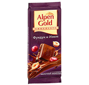 Шоколад молочный Alpen Gold с фундуком и изюмом 90гр