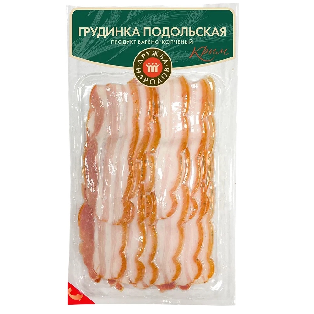 Грудинка Подольская свин вксервировочная нарезка уп вак015 кг Дружба Народов 140₽