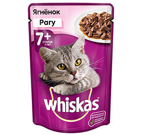 Влажный корм для кошек старше 7 лет Whiskas рагу с ягненком 85гр