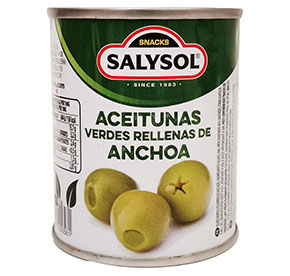 Зеленые оливки Salysol без косточки фаршированные анчоусом 50гр