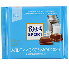 Риттер спорт "АЛЬПИЙСКОЕ МОЛОКО". Шоколад молочный с альпийским молоком.