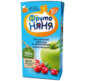 Сок 200 мл ФрутоНяня из яблок и шиповника осветленный для питания детей раннего возраста
