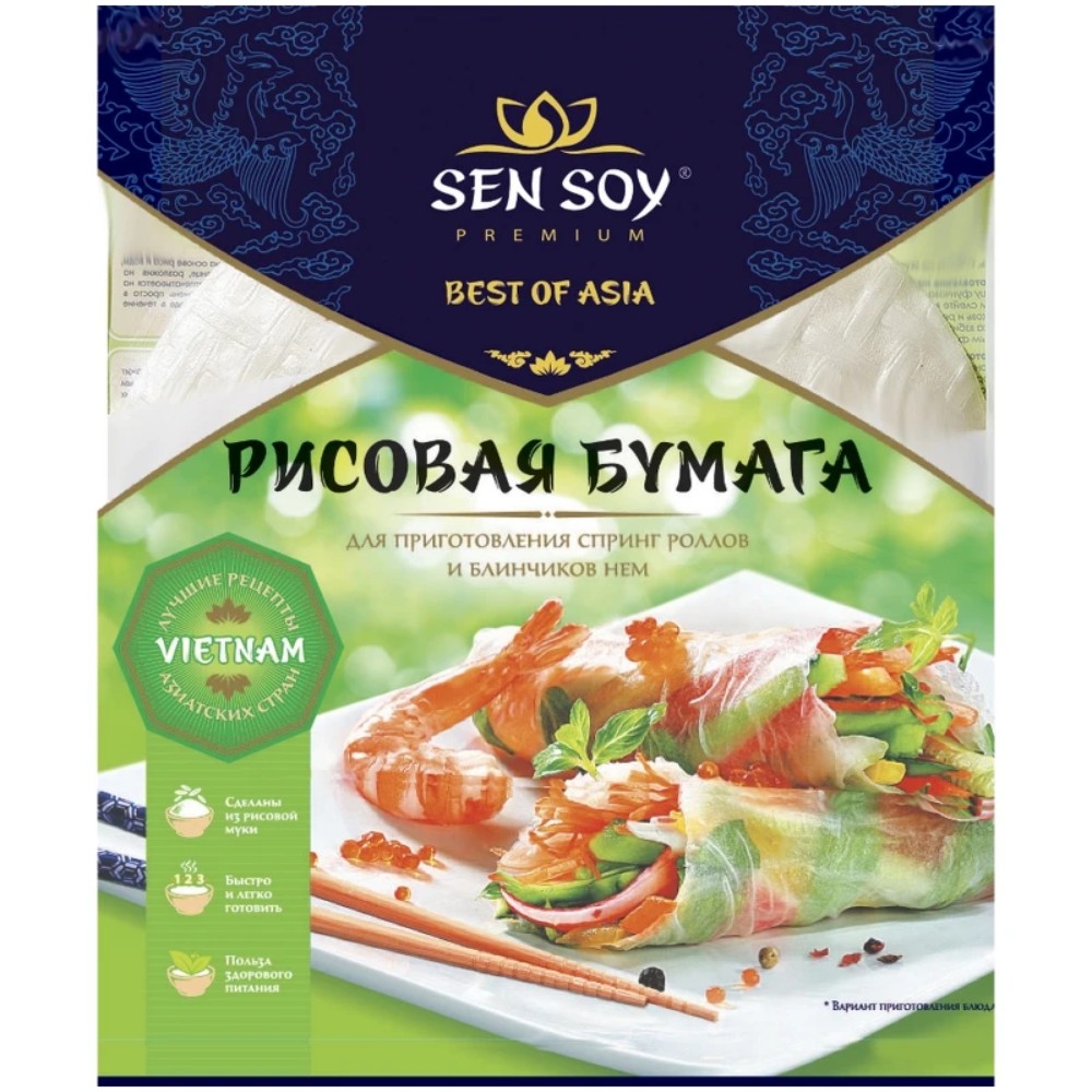 Рисовая бумага Sen Soy для приготовления Spring rolls и блинчиков Nem крупная пп 100г 175₽