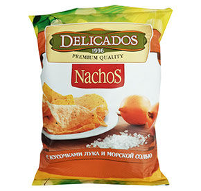 Кукурузные чипсы Nachos Delicados с кусочками жареного лука и морской солью 150гр