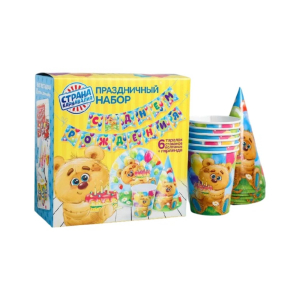 Набор бумажной посуды "С днем рождения", мишка с шарами (6 тарелок , 1 гирлянда , 6 стаканов, 6 колп
