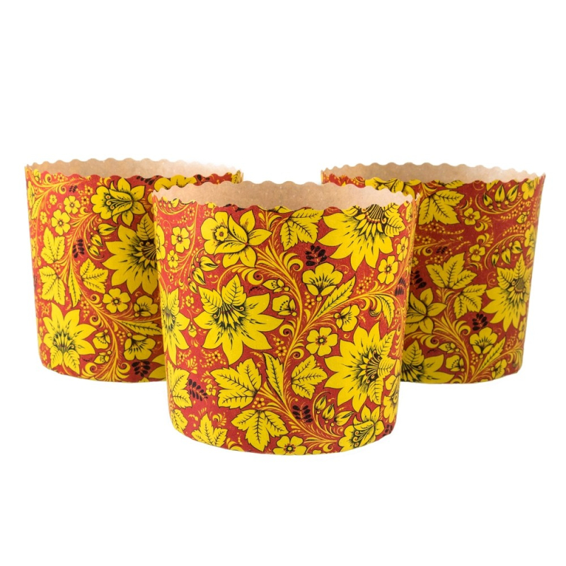 Набор бумажных форм для выпечки куличей 90х90 мм 3 шт Хохлома цветные м/уп