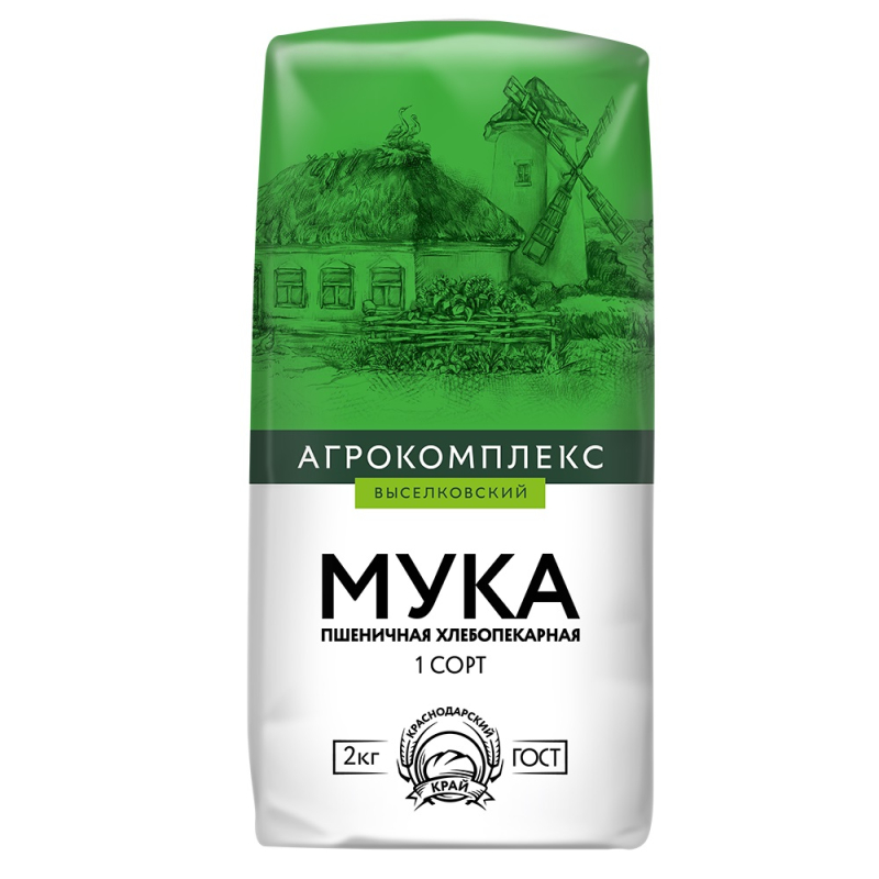 Мука пшеничная хлебопекарная 1 сорта, 2 кг Агрокомплекс