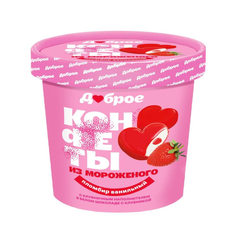 Конфеты из мороженого 135г Доброе пломбир ванильный с клубникой в белом шоколаде к/уп