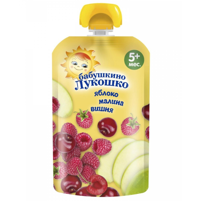 Пюре 90г  БАБУШКИНО ЛУКОШКО Пюре  Яблоко, Малина и Вишня {с 5 мес} б/сах 90г