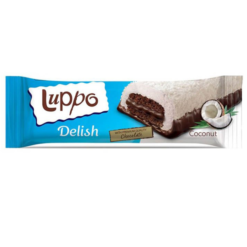 Кекс с какао, кокосом и шоколадным соусом, покрытый маршмеллоу и какао Luppo Delish  36гр