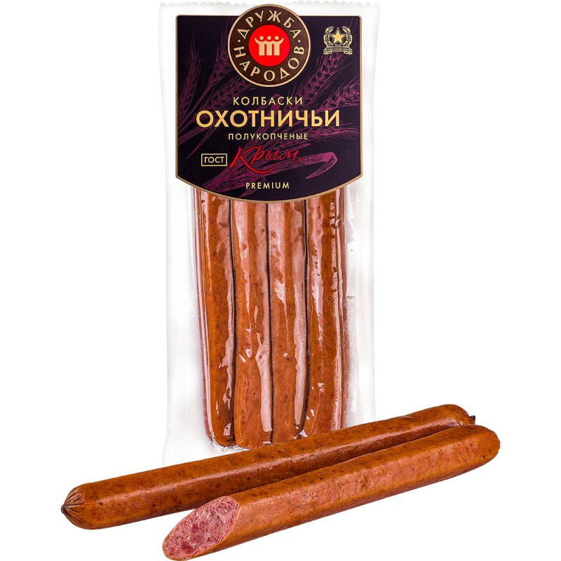 Колбаски Охотничьи п/к мясной продукт кат.Б охл.ГОСТ (к/о 0,25 кг) Дружба Народов