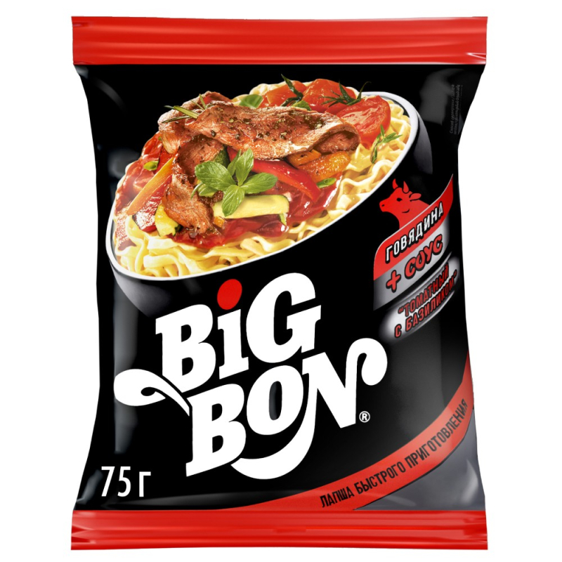Лапша 75г БигБон говядина + соус Томатный с базиликом м/уп