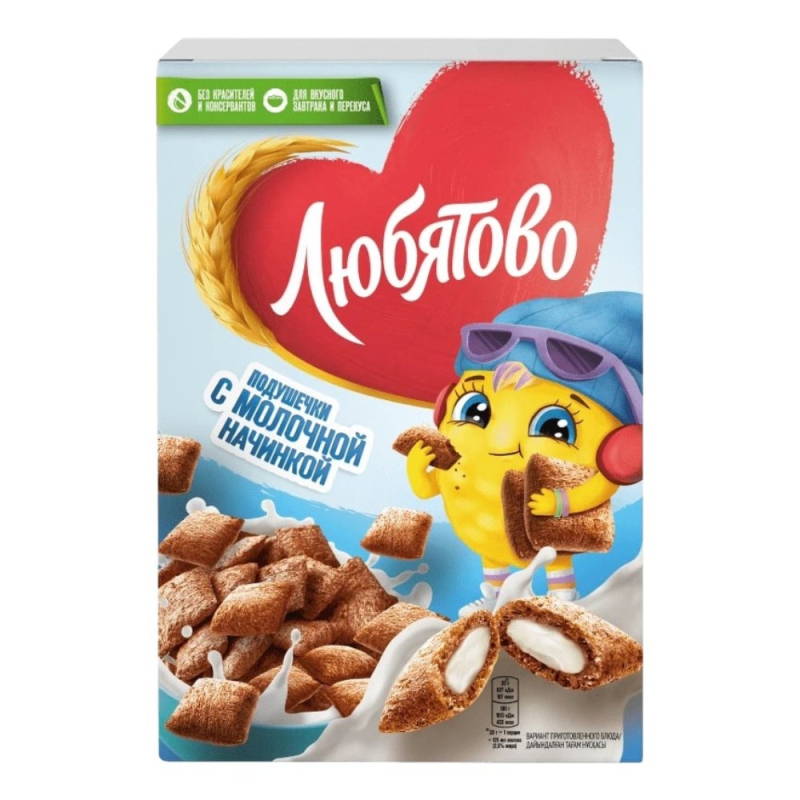 Сухие завтраки 220 гр Любятово Подушечки с молочной начинкой к/уп