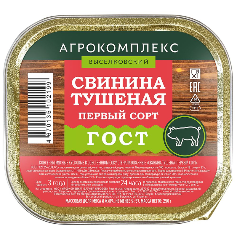 Консервы Свинина тушенная первый сорт Дружба Народов 250гр