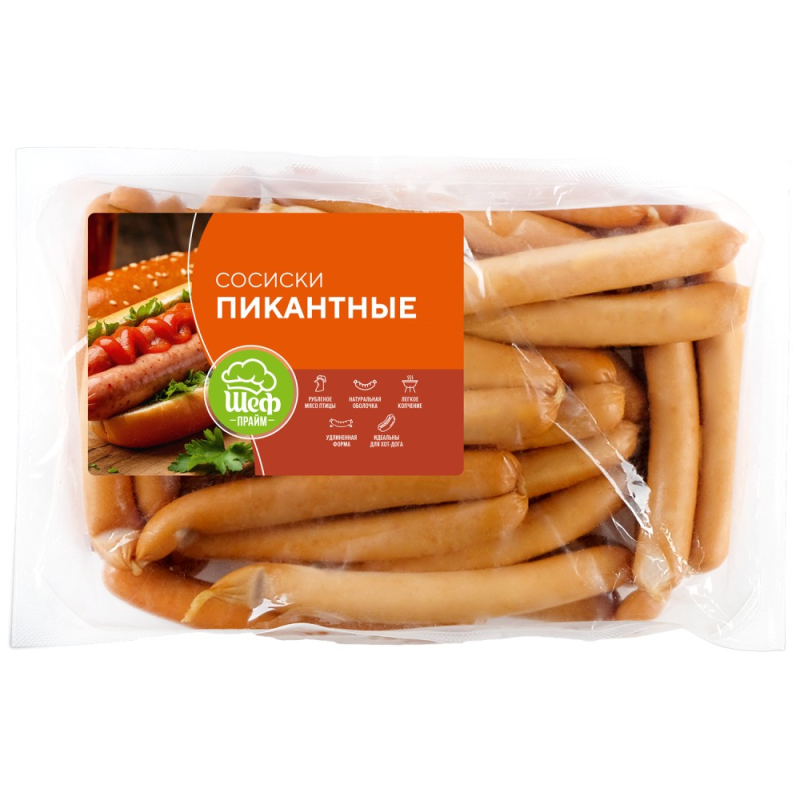 сосиски "Пикантные" МАНТЕРА 80 грамм/штука 1 кг Колб.изд.вар.из мяса ЦБ 1С охл.Агрокомплекс