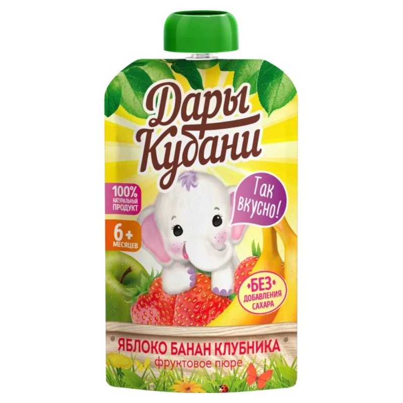 Пюре 90 г Дары Кубани для детей фруктовое из яблок, бананов и клубники дой-пак