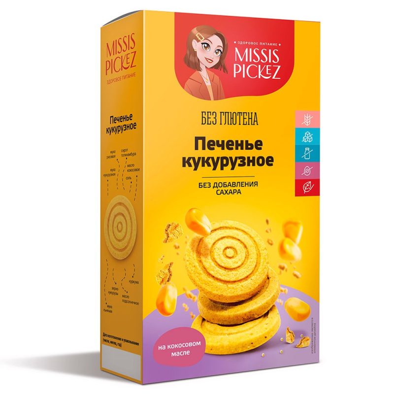 Печенье 100гр Missis Pickez Кукурузное Без сахара и без глютена*14