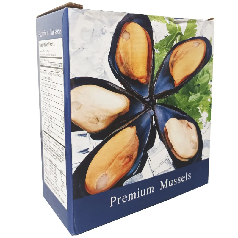 Голубые мидии в/м, 30-40, в 1/2 раковины 0,5кг короб 5кг Rizhao Huili Aquatic, Китай (для Мантеры)