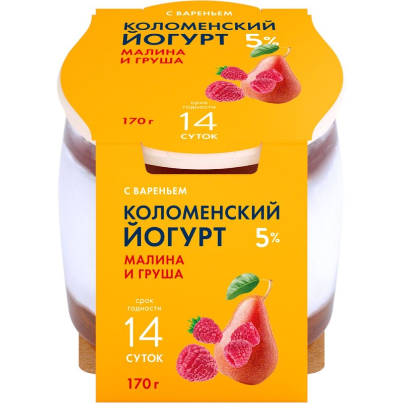 Йогурт «Коломенский» «Малина-груша» с мдж 5,0% 170 г (стекло)  [м]