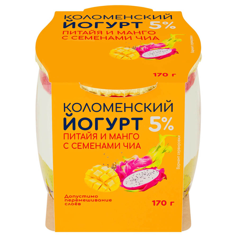 Йогурт «Коломенский» «Питайя-манго-чиа» с мдж 5,0% 170 г (стекло)  [м]