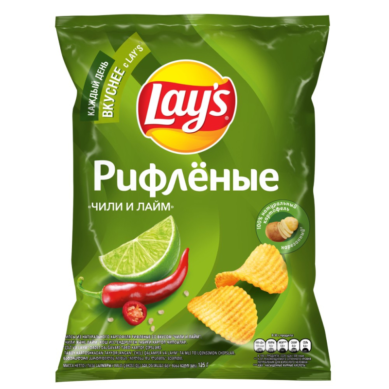 Чипсы картоф.Лейз Рифленые Чили и лайм м/у 125г
