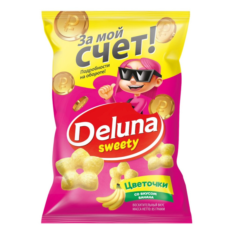Снеки кукурузные DELUNA Чуррос цветочки со вкусом БАНАНА 85 г