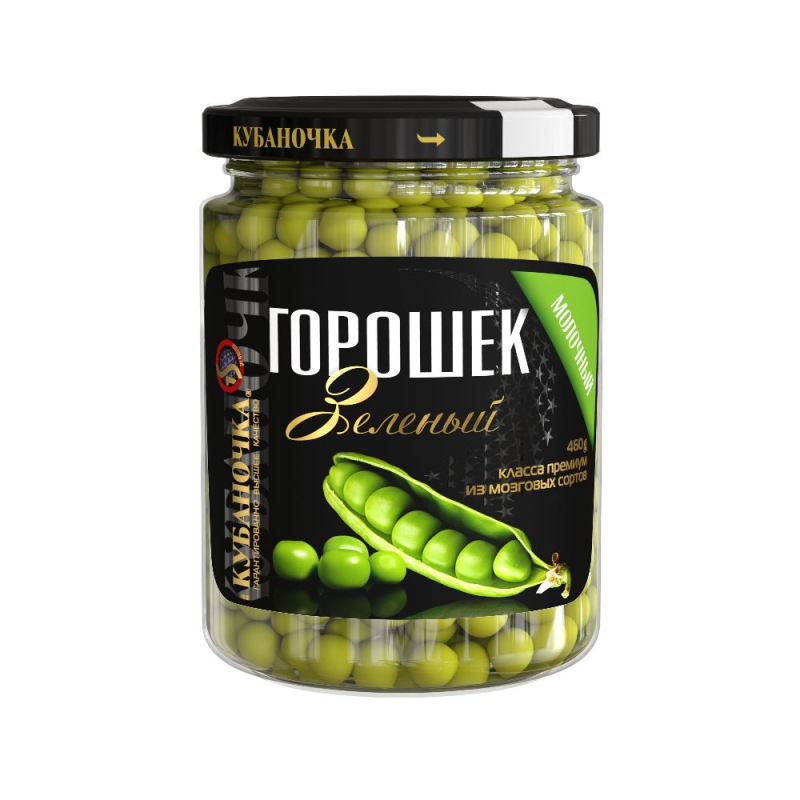 Горошек зеленый Кубаночка в собственном соку Гранд Стар с/б, 460 г