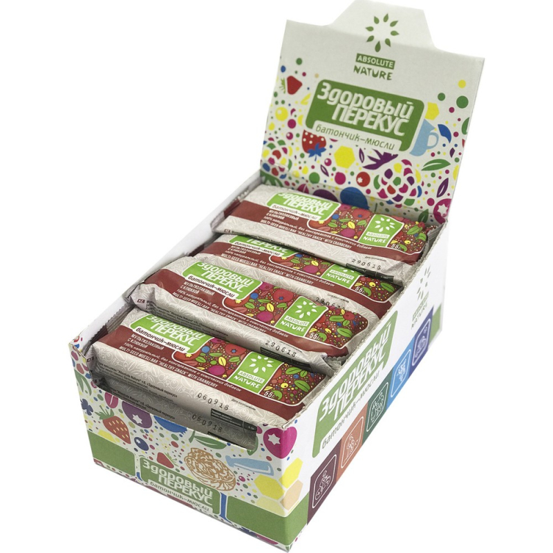 Батончик-мюсли ЗДОРОВЫЙ ПЕРЕКУС Клюква 55гр*4бл*20шт АБСОЛЮТ НАТУР