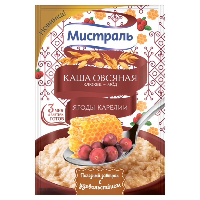 Каша 40 г Мистраль овсяная клюква-мед (Ягоды Карелии) м/уп