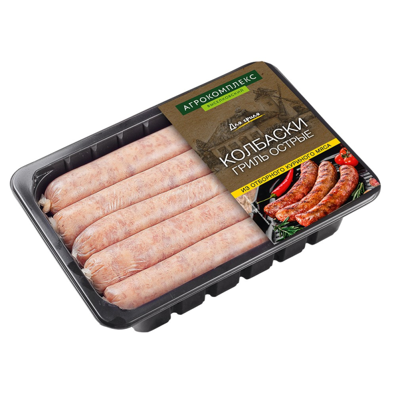 П/ф из мяса ЦБ рубленые в оболочке колбаски гриль острые охл.1 кг Агрокомплекс