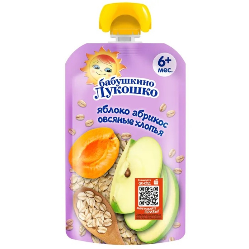 Пюре 125гр БАБУШКИНО ЛУКОШКО  Пюре  Яблоко, Абрикос с Овсяными Хлопьями с 6 мес б/сах