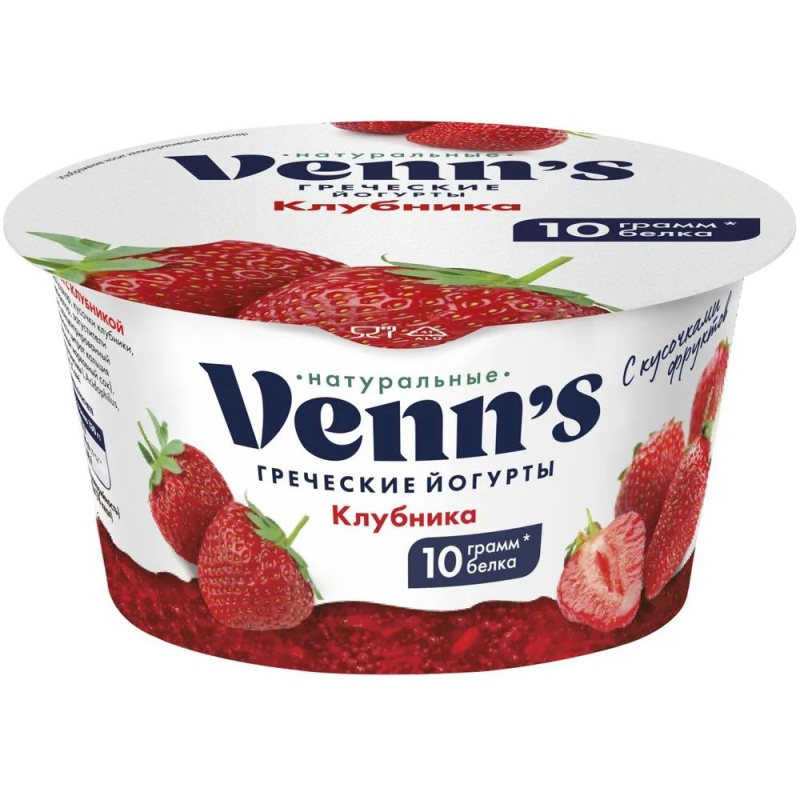 Йогурт "Греческий" обезжиренный с клубникой Venn`s, 0,1%, 130 гр/6шт [м]