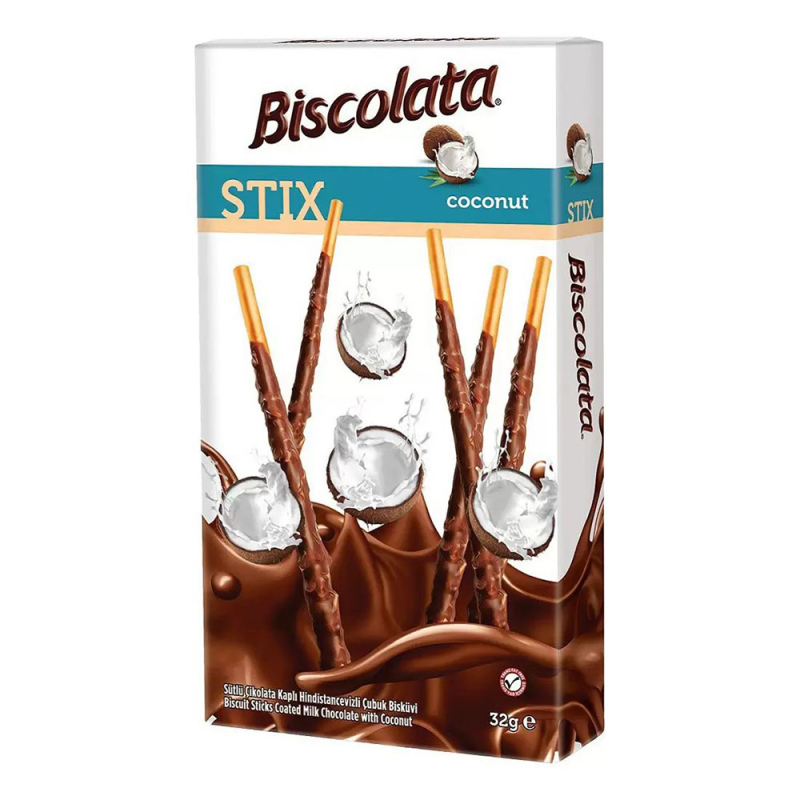 Палочки бисквитные покрытые молочным шоколадом с кокосовой Стружкой Biscolata Stix 32гр